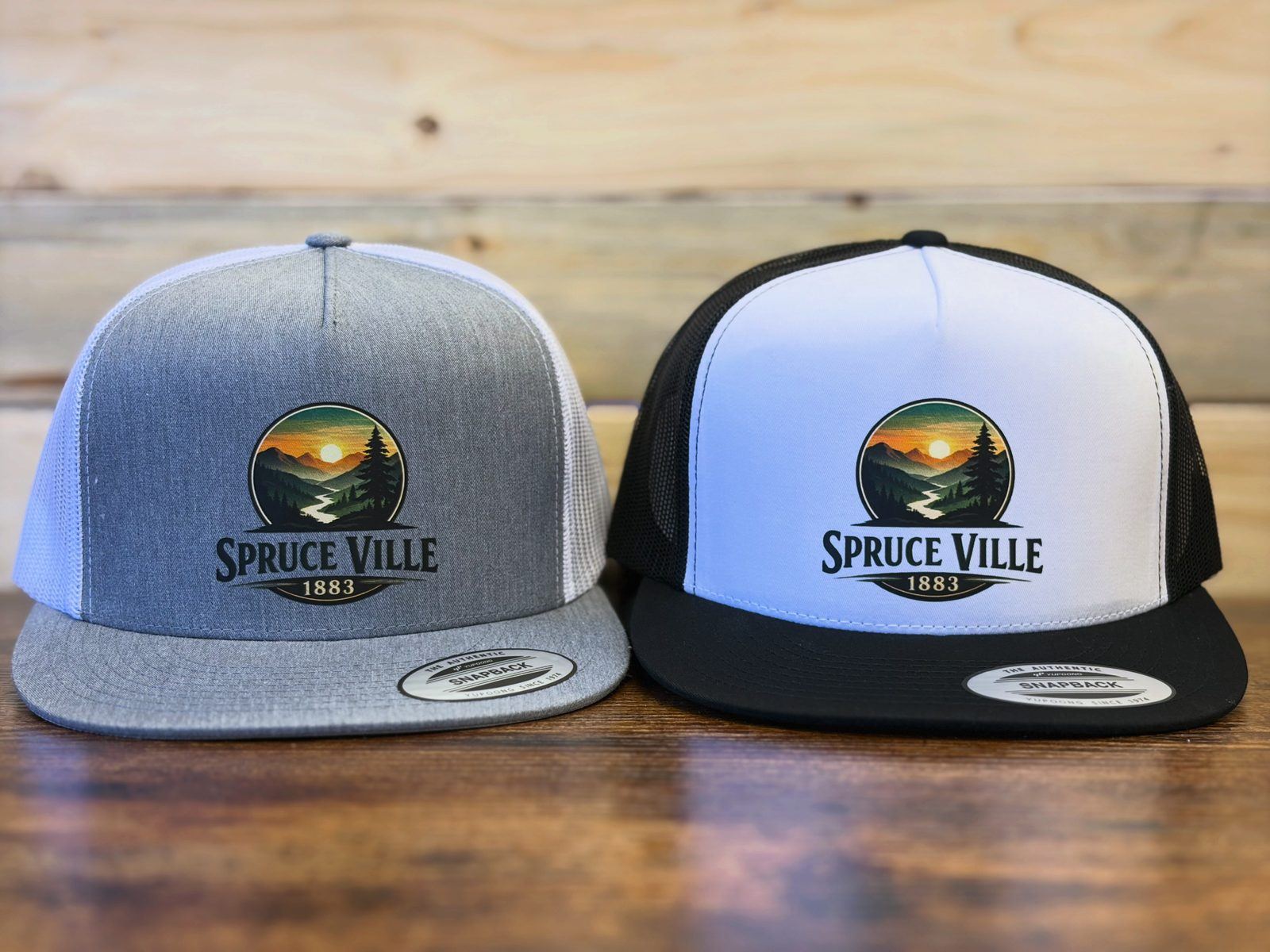 Custom Spruce Ville printed caps by Three Peak Printing in Diamond Valley